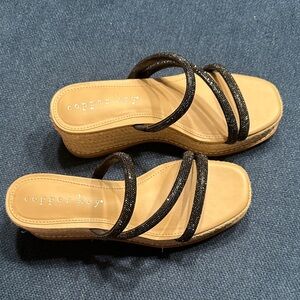 Copper Key Tan and Black Wedge Sandals